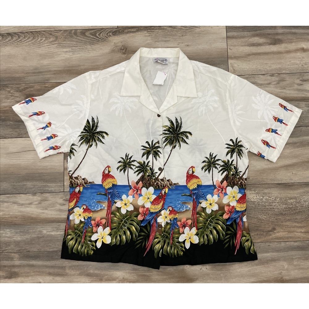 Pacific Legend Women 2XL White Tropical Parrot Embroidered Beach Hawaiian Shirt